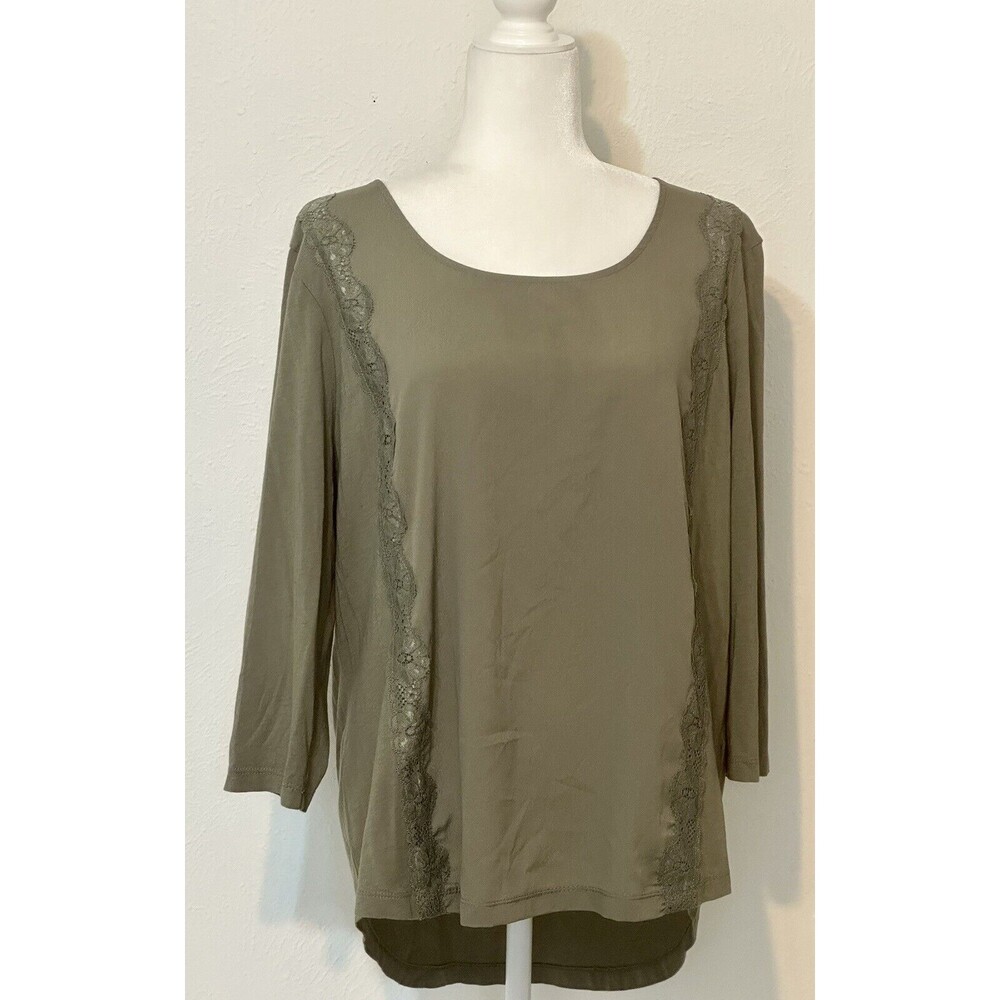 Chico's Women Size 3 US XL Olive Green 3/4 Sleeve Lace Detail Top Minimalist